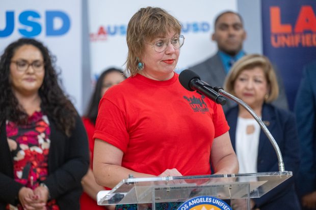 UTLA AFT Vice President Julie Van Winkle speaks during a press conference at Edward R. Roybal Learning Center in Los Angeles on Monday, Aug. 11, 2025. The event was held affirm their commitment to keeping schools safe and supportive for all students and families as the new school year begins amid heightened immigration enforcement activity. (Photo by Hans Gutknecht, Los Angeles Daily News/SCNG)