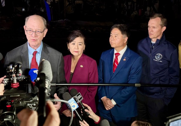 Following their meeting with President Donald Trump to discuss the area wildfires, Reps. Brad Sherman, left, Judy Chu, Ted Lieu and George Whiteside, right, hold a news conference on Sunset Blvd. on Friday, Jan. 24, 2025, in Pacific Palisades, CA. (Photo by Jeff Gritchen, Orange County Register/SCNG)