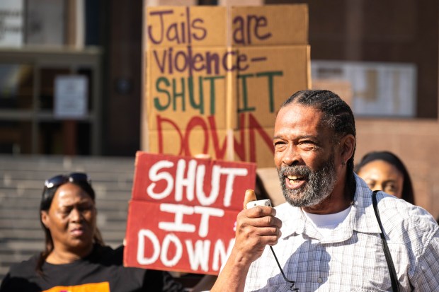 James Nelson, campaign and organizing manager at Dignity and Power Now, speaks about being incarcerated at Men's Central Jail during a Justice LA press conference calling for the closure of the jail outside the Board of Supervisors meeting in Los Angeles on Tuesday, April 8, 2025. (Photo by Sarah Reingewirtz, Los Angeles Daily News/SCNG)