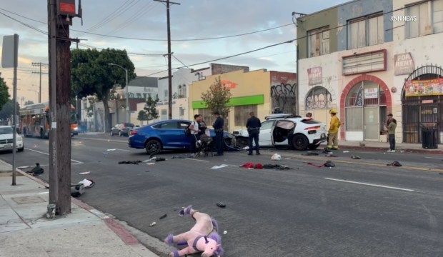 A crash involving a Waymo autonomous vehicle and another car on Sunday in Los Angeles' Pico-Union neighborhood sent two people to the hospital, according to a videographer's report from the scene. One of the patients was in critical condition. (Photo from video by Jose Gomez/Key News Network)