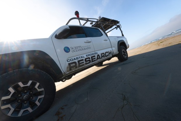 Scripps Institute of Oceanography's research team conducted weekly mapping by the coast from 2022-2025 to better understand the timing of cliff failure following rainfall. They were able to create detailed spatial maps with a truck-mounted mobile lidar system. (Erik Jepsen / UC San Diego)