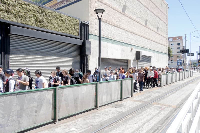 People lining up at the train station