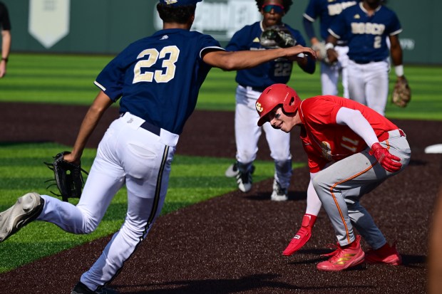 Hunter Harrington #11 of Cathedral Catholic is caught in a rundown in the third inning. St. John Bosco played Cathedral Catholic on June 2, 2026 in BellflowerCA. (Photo by John McCoy, Contributing Photographer)