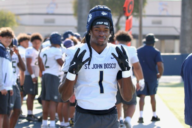St. John Bosco safety Dillon Davis suits up for Team White in an intra-squad football game on Wednesday, May 20, 2026, at St. John Bosco High School in Bellflower. (Photo by Howard Freshman, Contributing Photographer)