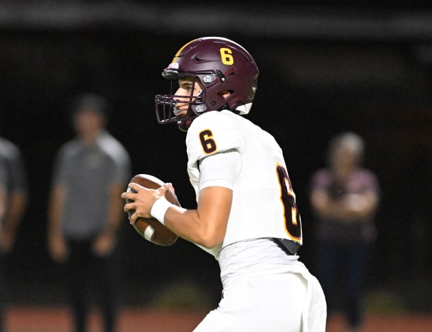 Quarterback Graham Lunzer #6 of Valley Christian prepares to pass against St. Anthony in the first half of a prep football game at the St. Anthony Athletic Complex in Long Beach on Thursday, Sept. 18, 2025. (Photo by Libby Cline-Birmingham, Contributing Photographer)