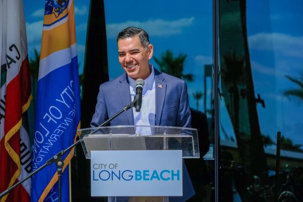 Rep. Robert Garcia speaks at the groundbreaking ceremony for a $37 million project at Long Beach Airport on Friday, April 24. (Photo courtesy Office of Rep. Robert Garcia/Dorian Bonner).