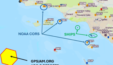 Map of Southern California showing the locations of GPS/GNSS anomalies reported by ships, aircraft, and NOAA reference stations during a January 29, 2026, navigation disruption near Los Angeles and Long Beach.