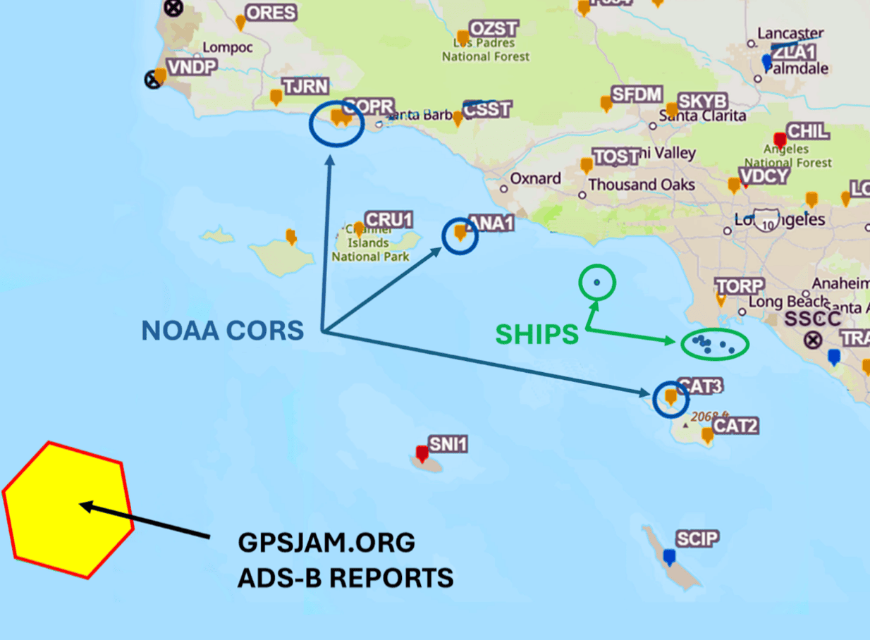 Map of Southern California showing the locations of GPS/GNSS anomalies reported by ships, aircraft, and NOAA reference stations during a January 29, 2026, navigation disruption near Los Angeles and Long Beach.