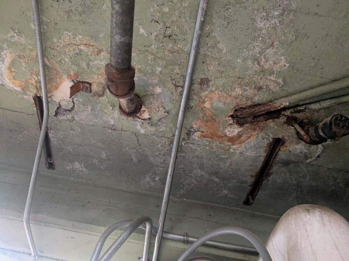 Rust staining was spotted Jan. 20, 2026, on the underside of the kitchen floor for Aviator's Restaurant, which is the ceiling for a section of the basement at Sacramento Executive Airport. The Department of General Services and other county officials completed a site walk after corroded rebar and deteriorating concrete were found under the kitchen floor.