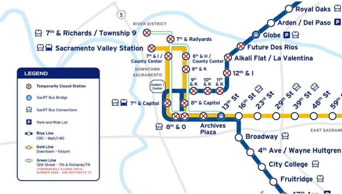 Thirteen Sacramento Regional Transit light rail stations will be closed Thursday through Saturday due to construction at the station on Eighth and O streets. Two other stations, Globe and 13th Street, will allow passengers to travel eastbound, away from downtown.
