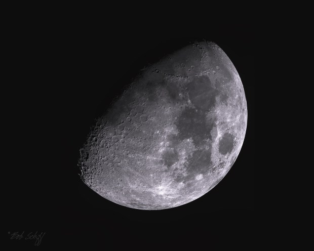 The Moon in a waxing-gibbous phase is shown in this image by astrophotographer Bob Schiff in Danville, Calif. (Courtesy of Bob Schiff)