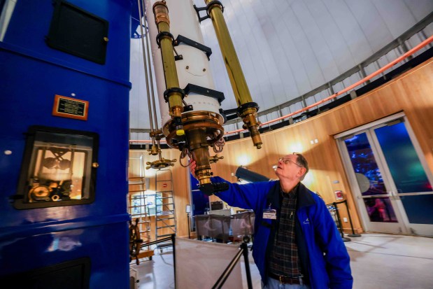 Gerald McKeegan, a Chabot Space & Science Center volunteer, adjunct astronomer and Eastbay Astronomical Society member, shows "Rachel," one of three telescopes open to the public at the center in Oakland, Calif., Friday, May 8, 2026. (Ray Chavez/Bay Area News Group)