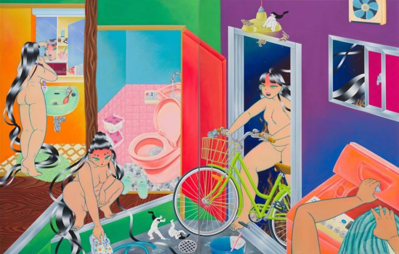 Colorful illustration of several nude women with long black hair engaged in various activities in a vibrant, surreal bathroom setting with a bicycle, laundry, and pets.