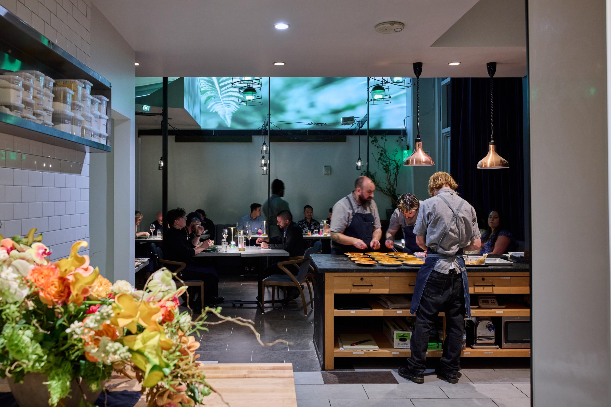The interior of Merchant Roots in San Francisco, as seen from the kitchen.