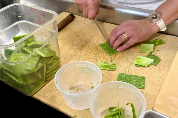 Nopales from the prickly pear cactus are prepared at Californios in San Francisco on Thursday, July 16, 2026. (AP Photo/Haven Daley)