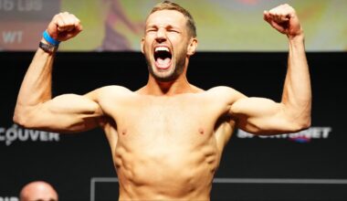 Reinier de Ridder poses on the scale at the UFC Vancouver ceremonial weigh-in