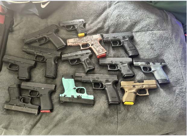 A photo of stolen handguns taken after suspects burglarized Poway Weapons and Gear on March 25, 2024 (Courtesy of U.S. Attorney's Office for the Central District of California)