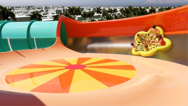 Concept art of the new Coral Craze family water slide coming to Knott's Soak City water park in 2027. (Courtesy of Knott's Berry Farm)