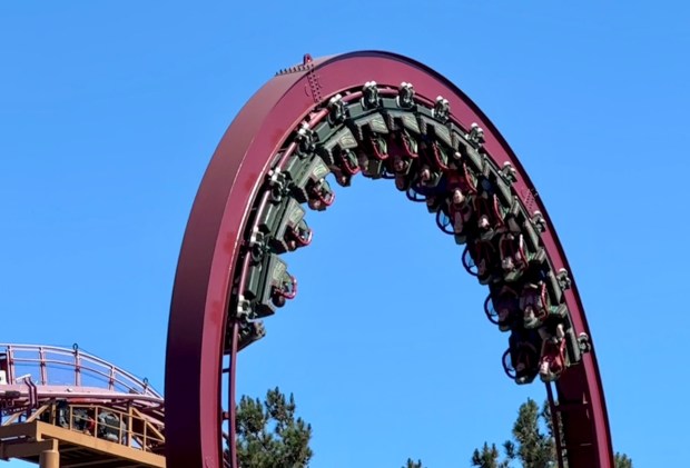 Knott's Berry Farm employees ride the new Montezooma: The Forbidden Fortress roller coaster during filming for a television commercial. (Photo by Brady MacDonald, Orange County Register/SCNG)