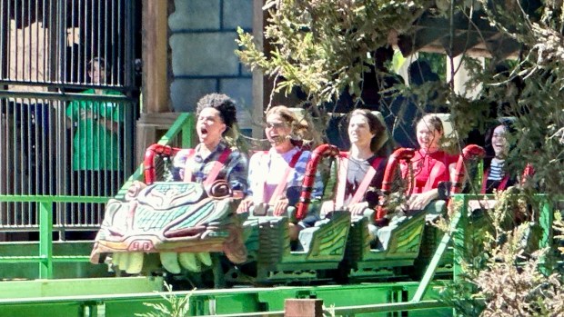 Knott's Berry Farm employees ride the new Montezooma: The Forbidden Fortress roller coaster during filming for a television commercial. (Photo by Brady MacDonald, Orange County Register/SCNG)