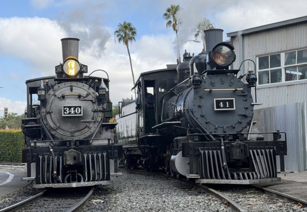 Locomotive 340, left, and Locomotive 41 at Knott's Berry Farm. (Courtesy of Jacob Kern/Knott's Berry Farm)