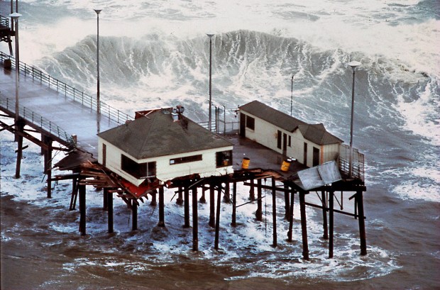 Huntington Beach Pier and its End Cafe are destroyed by huge waves during a storm on March 1, 1983 during an El Niño winter. (Photo by H. Lorren Au Jr., Orange County Register/SCNG)