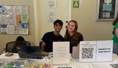 Orange County rising juniors Akshay Sharma and Sophie Martin help facilitate a healthcare fair for those in need in the OC community. (Photo courtesy of Project FairCare Health)