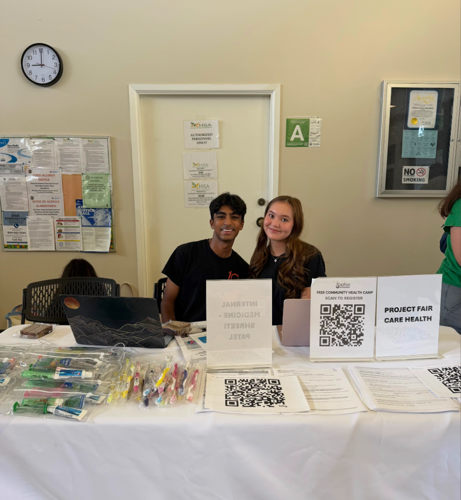 Orange County rising juniors Akshay Sharma and Sophie Martin help facilitate a healthcare fair for those in need in the OC community. (Photo courtesy of Project FairCare Health)
