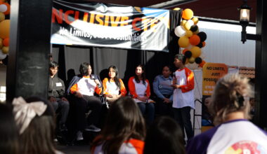 Sophia Le and Rylee Robles speak on a student panel at the 2025 OC Pathways Showcase.