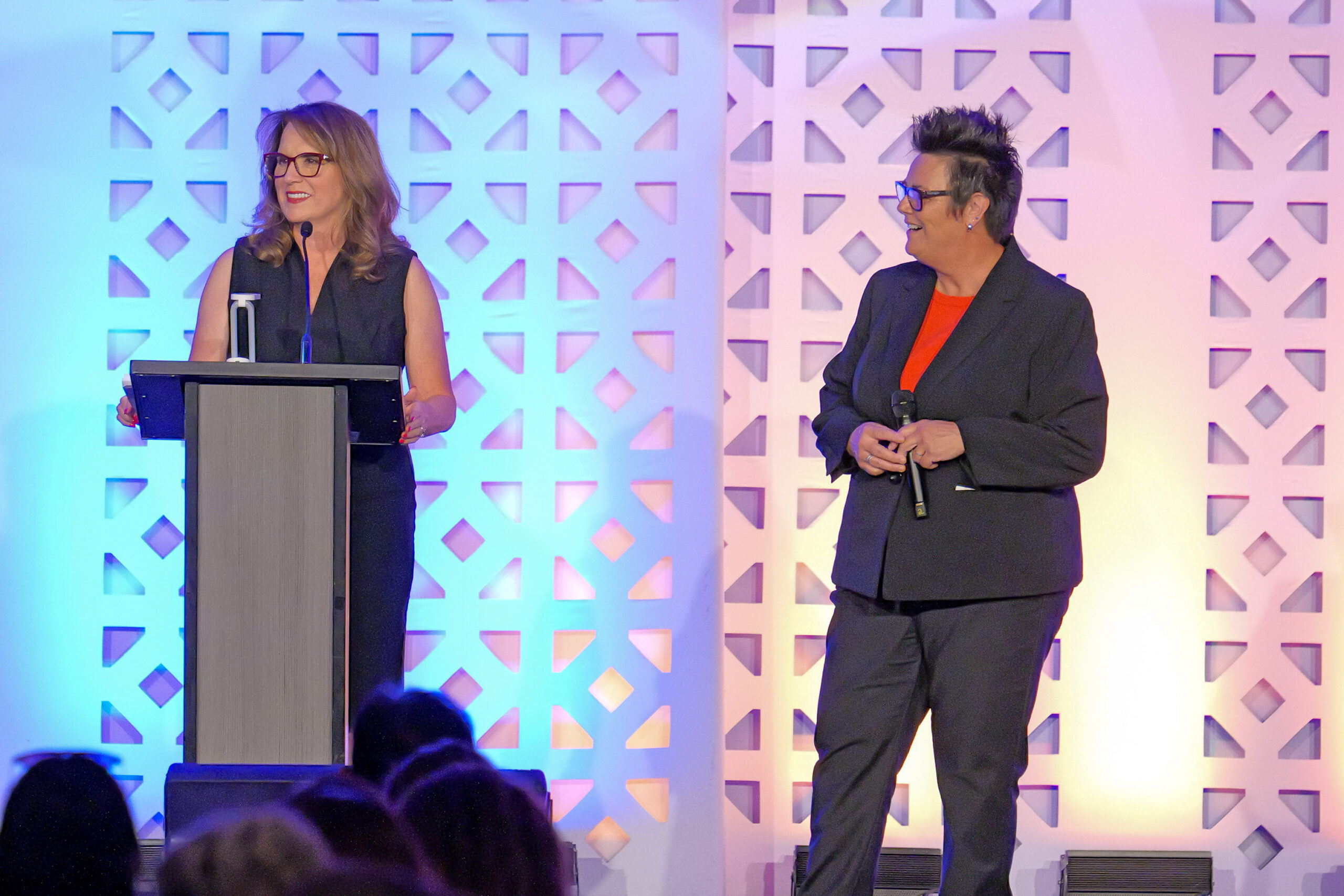 California MTSS Executive Director Jami Parsons, left, and Rindy DeVoll of the Butte County Office of Education welcome attendees during the opening session of the California Multi-Tiered System of Supports Professional Learning Institute in Anaheim.