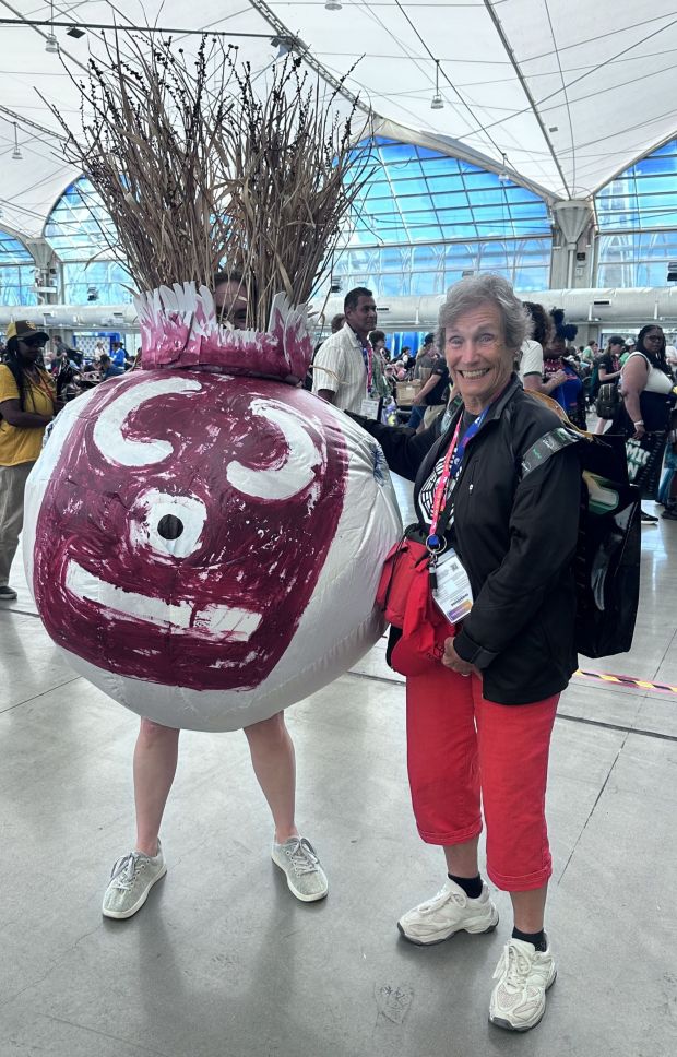 Sandy Moll of Rancho Bernardo with someone dressed as "Wilson," the volleyball in the movie "Cast Away." (Courtesy of Sandy Moll)