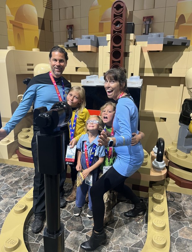 The Sathrum family of Poway dressed up for San Diego Comic-Con. They are Aaron as a science officer in "Star Trek: The Next Generation"; Leif as a command officer in "Star Trek: The Original Series"; Niels as Postman Pat, a delivery carrier in the British stop-motion series; Finn as Link from the Nintendo game "Zelda" and Jenny as a science officer from "Star Trek: The Original Series." (Courtesy of Aaron Sathrum)