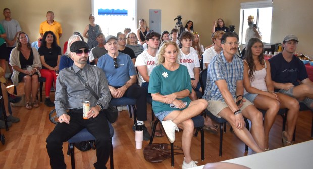 Around two dozen family and friends of Dennis Trevisan and the lifeguards who saved him, along with RB Swim & Tennis Club staff and board members attended the July 24 ceremony. (Elizabeth Marie Himchak)
