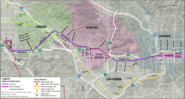 The refined street-running alternative of the Pasadena-to-North Hollywood Bus Rapid Transit line is mapped out. Metro is holding scoping meetings on this project in the next two weeks. (Map courtesy of Metro)