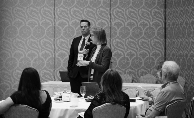 Senator Blakespear speaking to seated event attendees.
