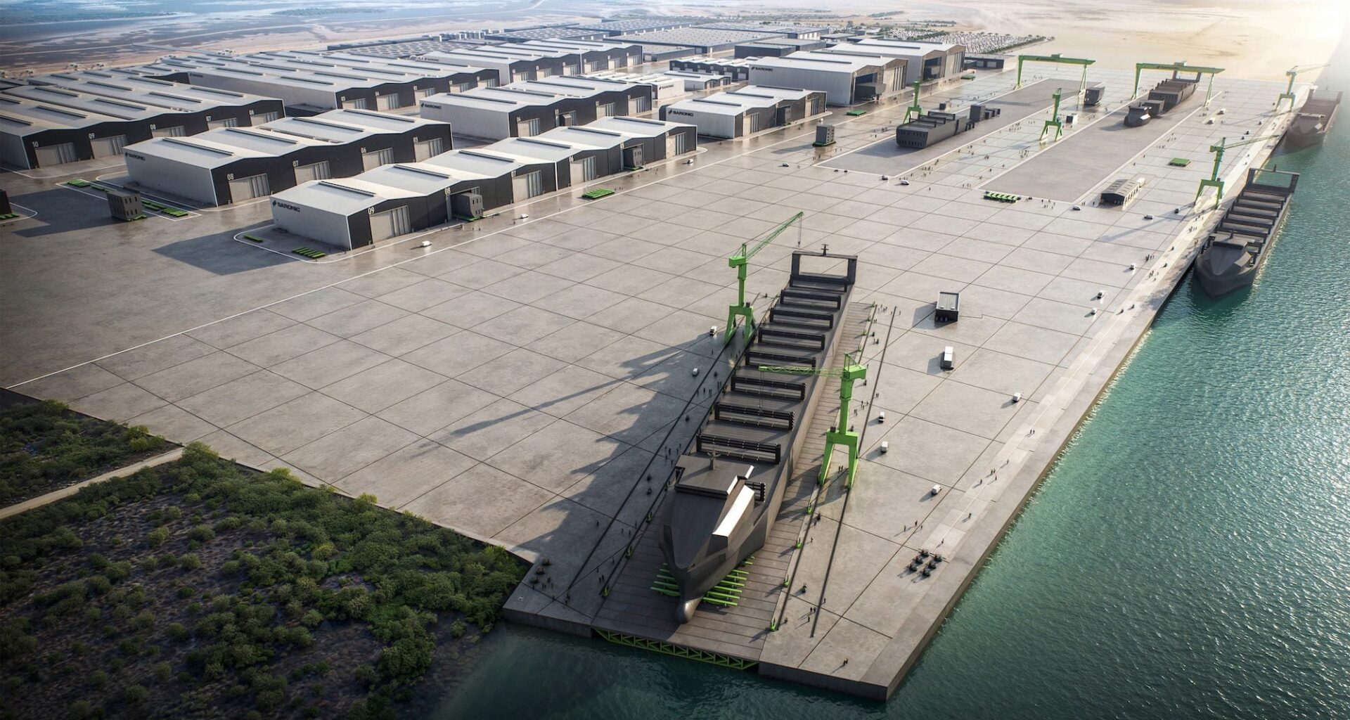 Artist's rendering of Saronic's planned Port Alpha shipyard in Brownsville, Texas, showing multiple construction halls, waterfront assembly areas, and large vessels under construction along the quay.