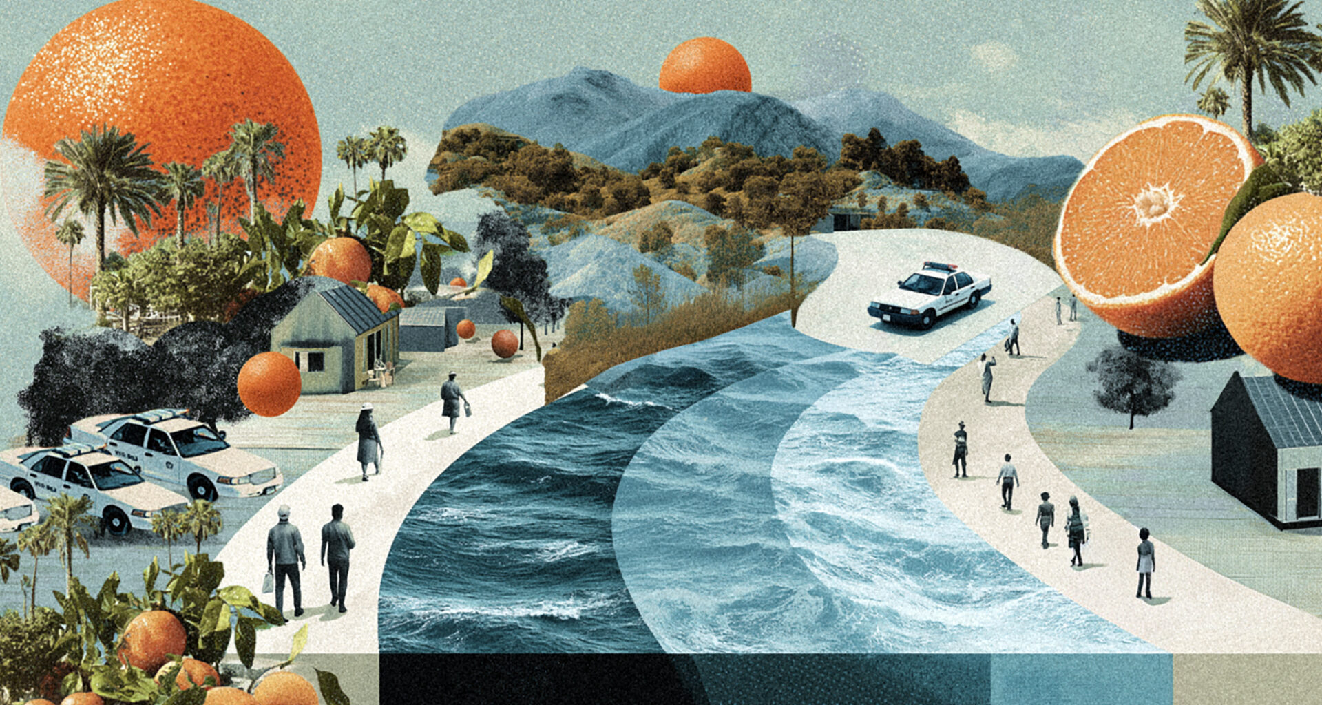 An illustration depicting areas of critical public need in California, symbolized by large oranges, a flowing waterway, police cars and various landscapes