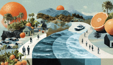 An illustration depicting areas of critical public need in California, symbolized by large oranges, a flowing waterway, police cars and various landscapes