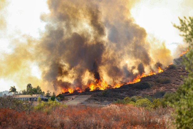 Creelman fire flames coming over the ridge from Simon Preserve, moving towards a house in the Ryland Homes neighborhood of Ramona on July 22, 2026. The house was saved by firefighters. (Stephanie Ogilvie)