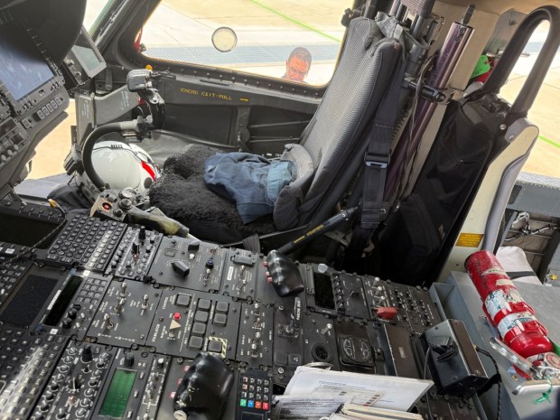 Some of the controls involved in flying the Sikorsky S-70 CalFire Hawk, as seen from the left side of the cockpit. (Regina Elling)