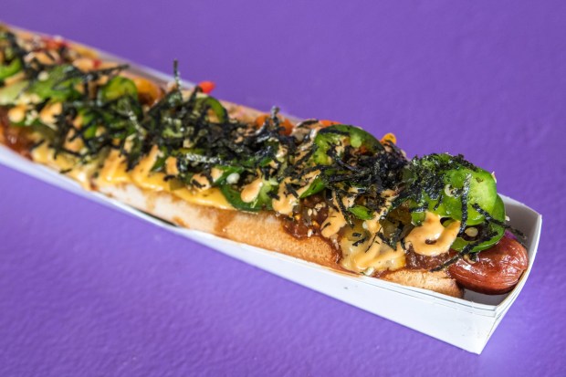 The Godzilla dog from Sumo Dog the Coachella Valley Music and Arts Festival at the Empire Polo Club in Indio on Sunday, April 16, 2023. The restaurant will return to the Indio Central Market. (Photo by David Brendan Hall, Contributing Photographer)