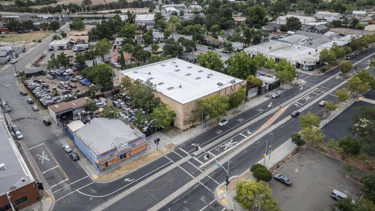 A drone view shows a proposed live music venue in Old North Sacramento on Monday. The building is a former furniture warehouse.
