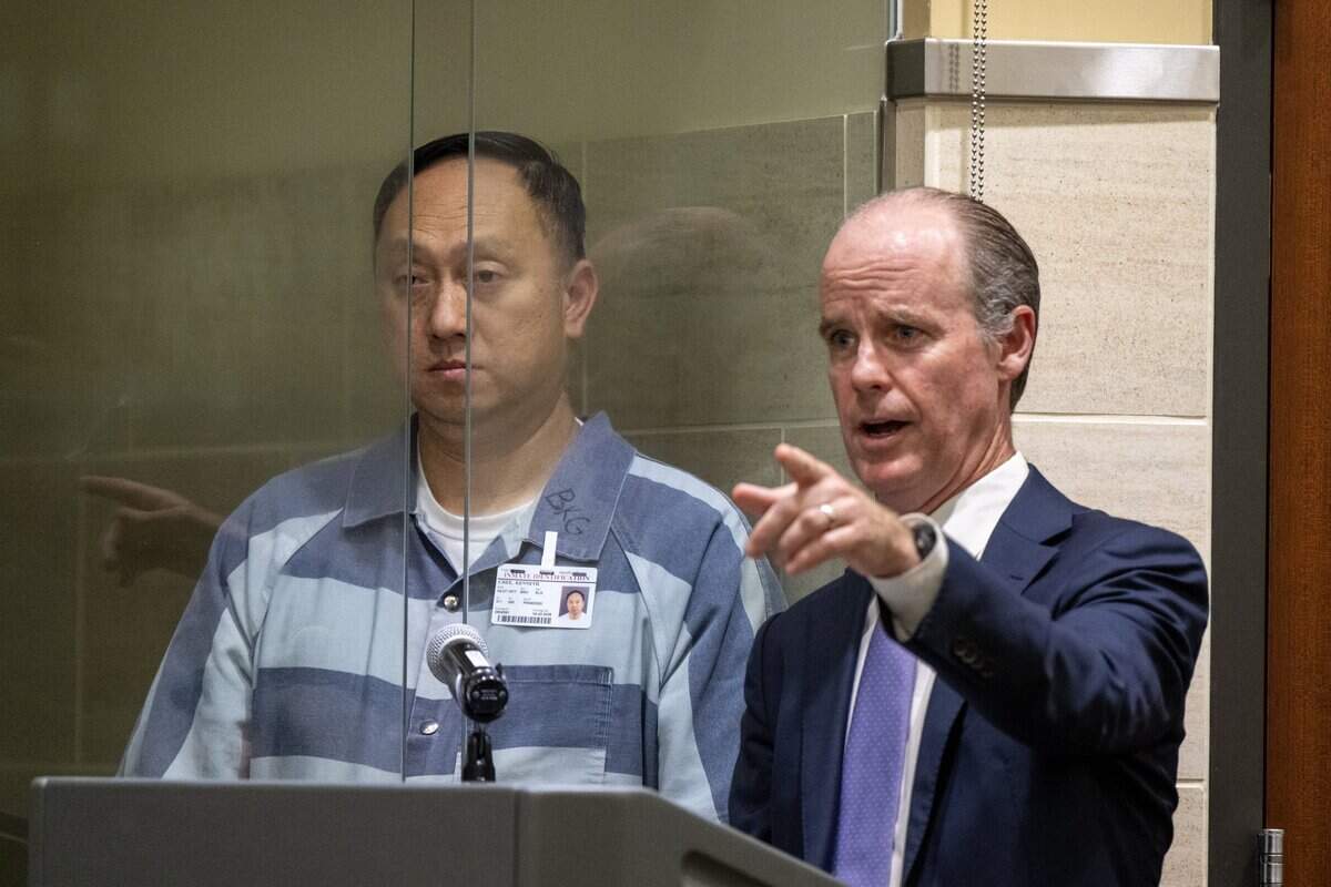 Devastating Pyrotechnics founder and CEO Kenneth Chee, left, represented by attorney Sam O’Keefe, right, did not enter a plea and was denied bail during his arraignment in Yolo Superior Court in Woodland on Thursday, April 23, 2026, for his role in the deadly Esparto fireworks explosion.