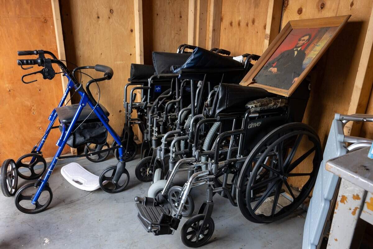 A photograph of Abraham Lincoln sits atop wheelchairs at Disabled American Veterans Chapter No. 6 building in Sacramento County in May.
