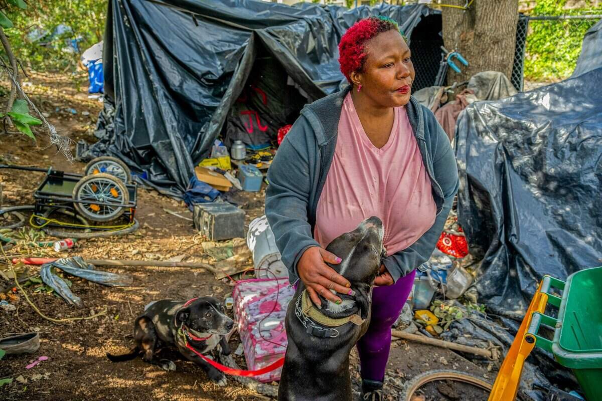 Elizabeth Williams pets Brandi Mae as Harley Quinn sits beside them outside her tent on March 19, 2025, in South Natomas.