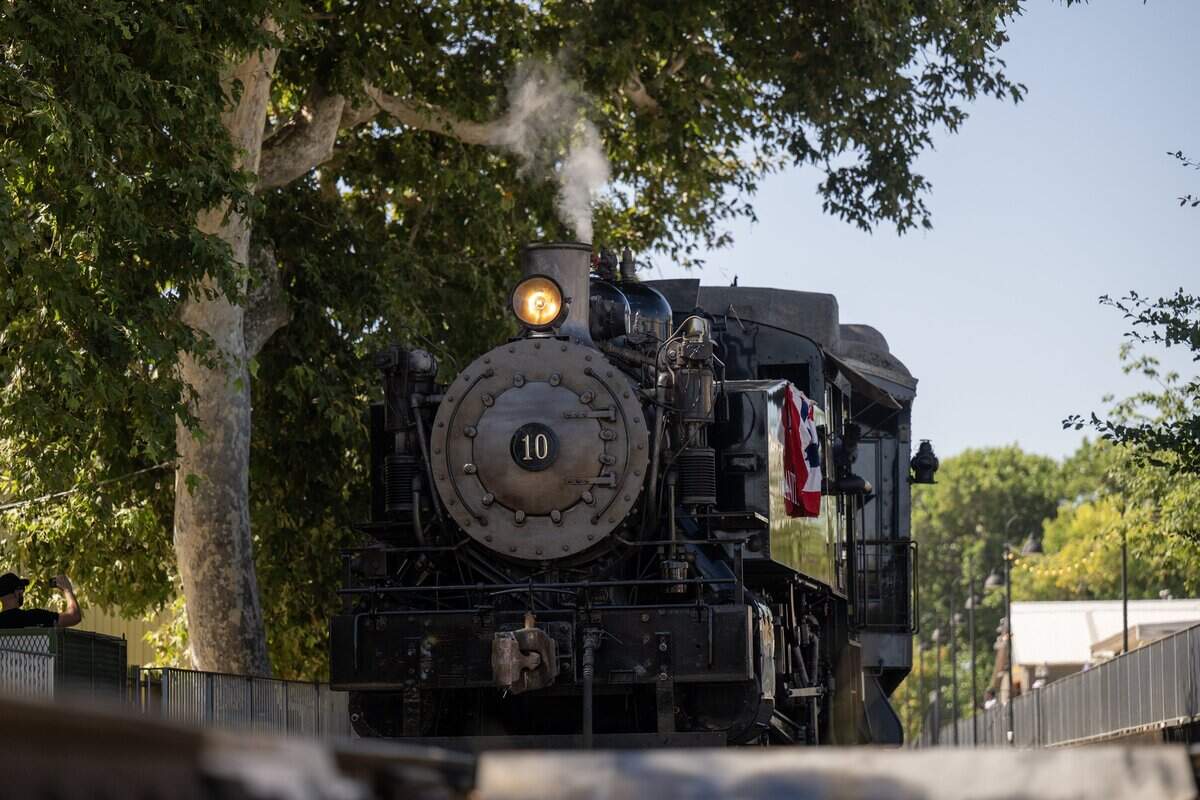 The Granite Rock 10 steam locomotive returns to service on Saturday, Aug. 9, 2025, on the California State Railroad Museum's excursion train route in Old Sacramento.
