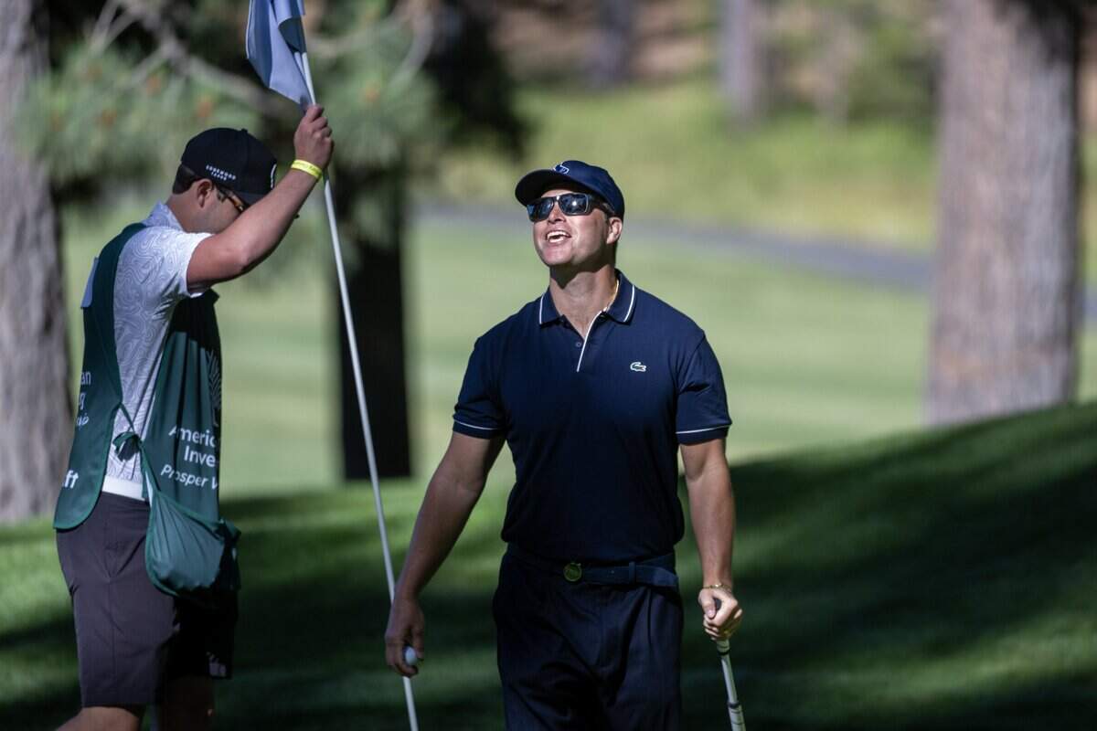 Saturday Night Live star Colin Jost reacts to a heckling fan at the American Century Championship at Edgewood Tahoe Golf Course in Stateline, Nev., on Friday, July 10, 2026.