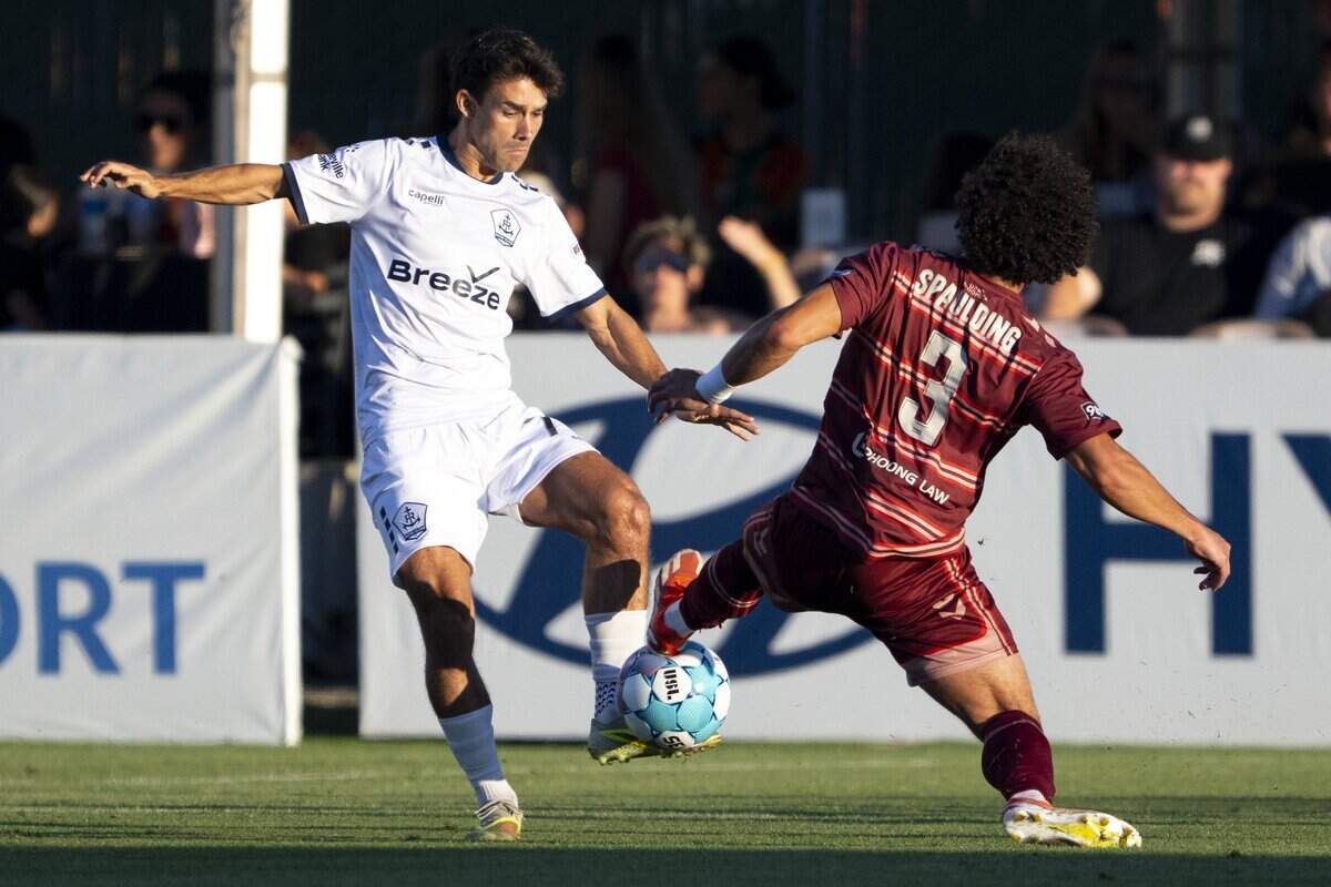 Republic FC defender Ryan Spaulding (3) fights for the ball during a match against Rhode Island FC in Sacramento on Wednesday.