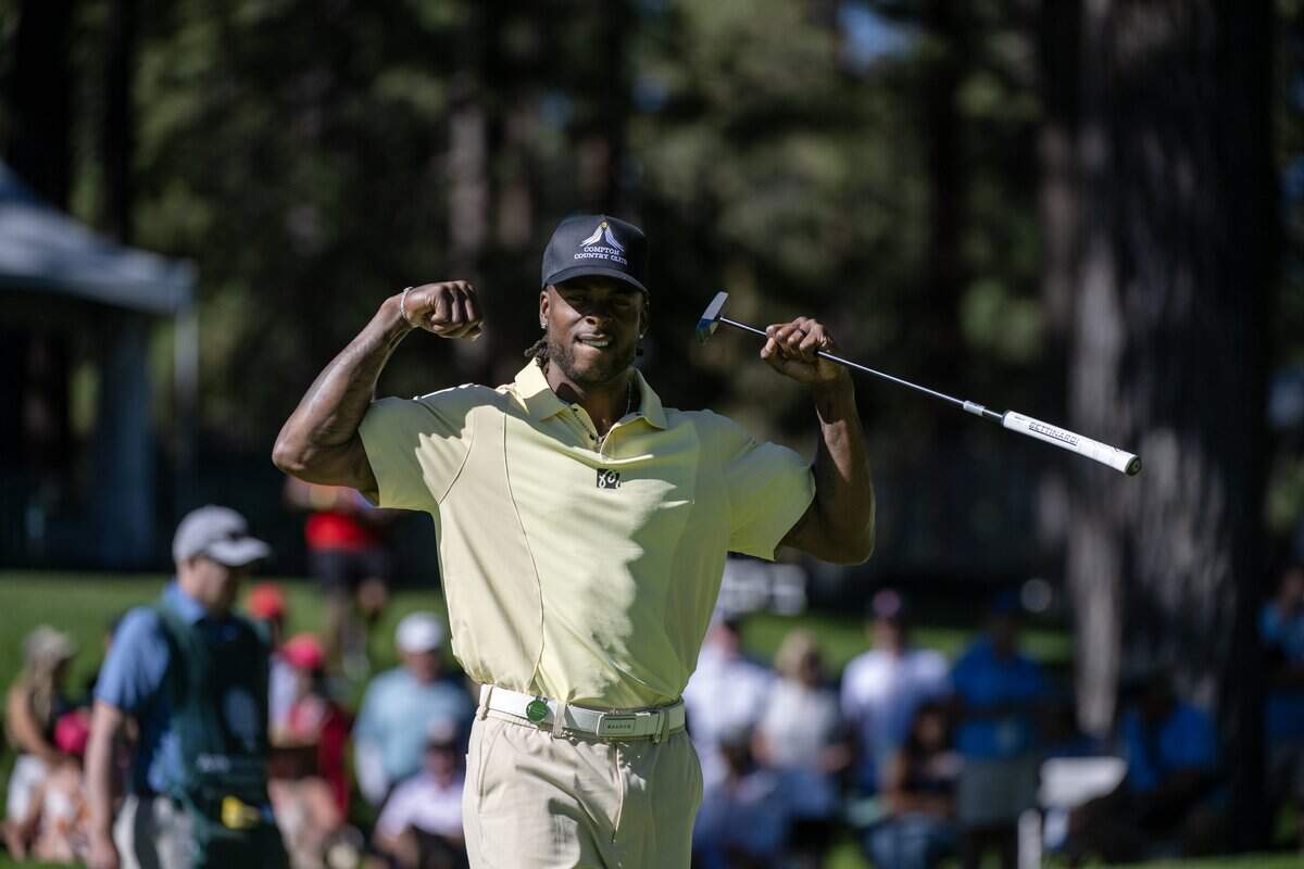 Los Angeles Rams wide receiver Devante Adams flexes on the third green during the American Century Championship at Edgewood Tahoe Golf Course in Stateline, Nev., on Friday, July 10, 2026.