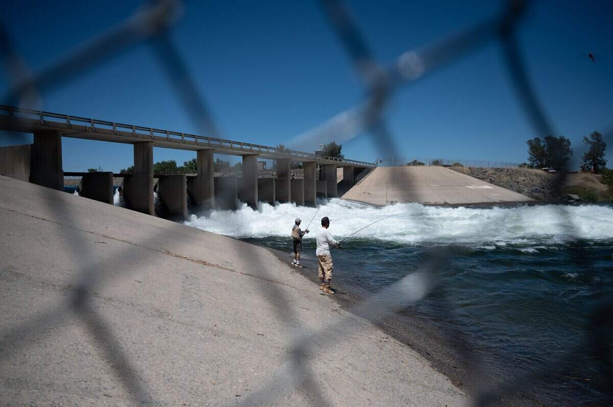 Fishermen try to catch salmon during the opening day of the salmon fishing season in Thermalito Afterbay Outlet in Oroville Wildlife Area in Oroville on Thursday.